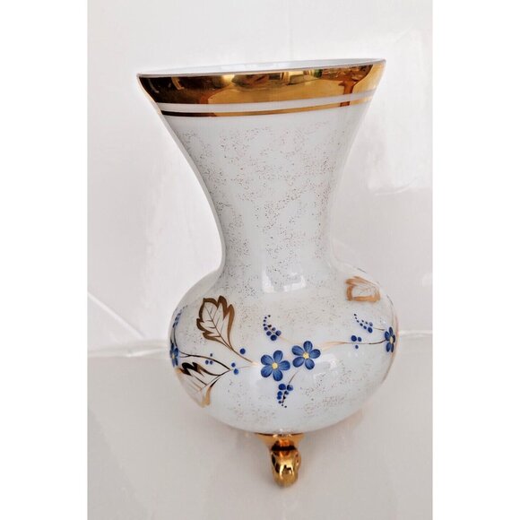 Three Footed French Frosted Glass Vase with Gold Gilding & Painted Florals MCM - Picture 5 of 13